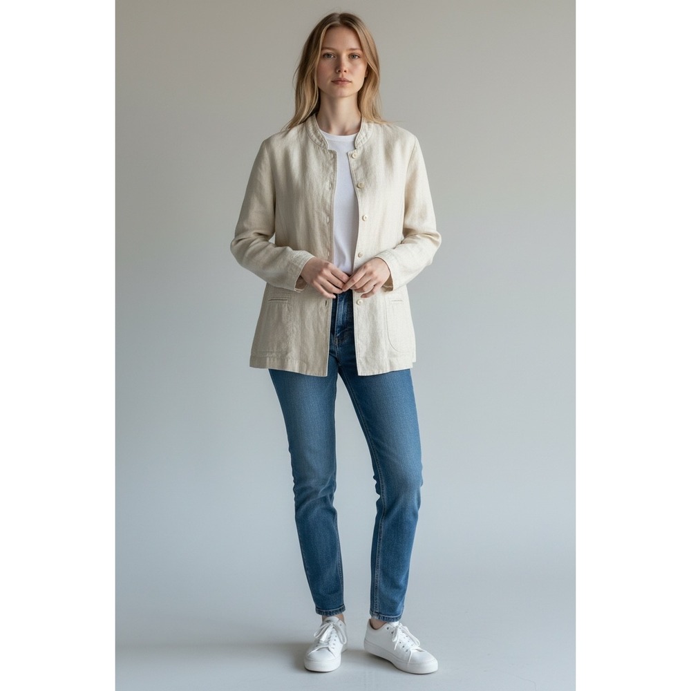 Eileen Fisher Jacket L‎ Beige Good Cotton Button Front Mandarin Collar Versatile